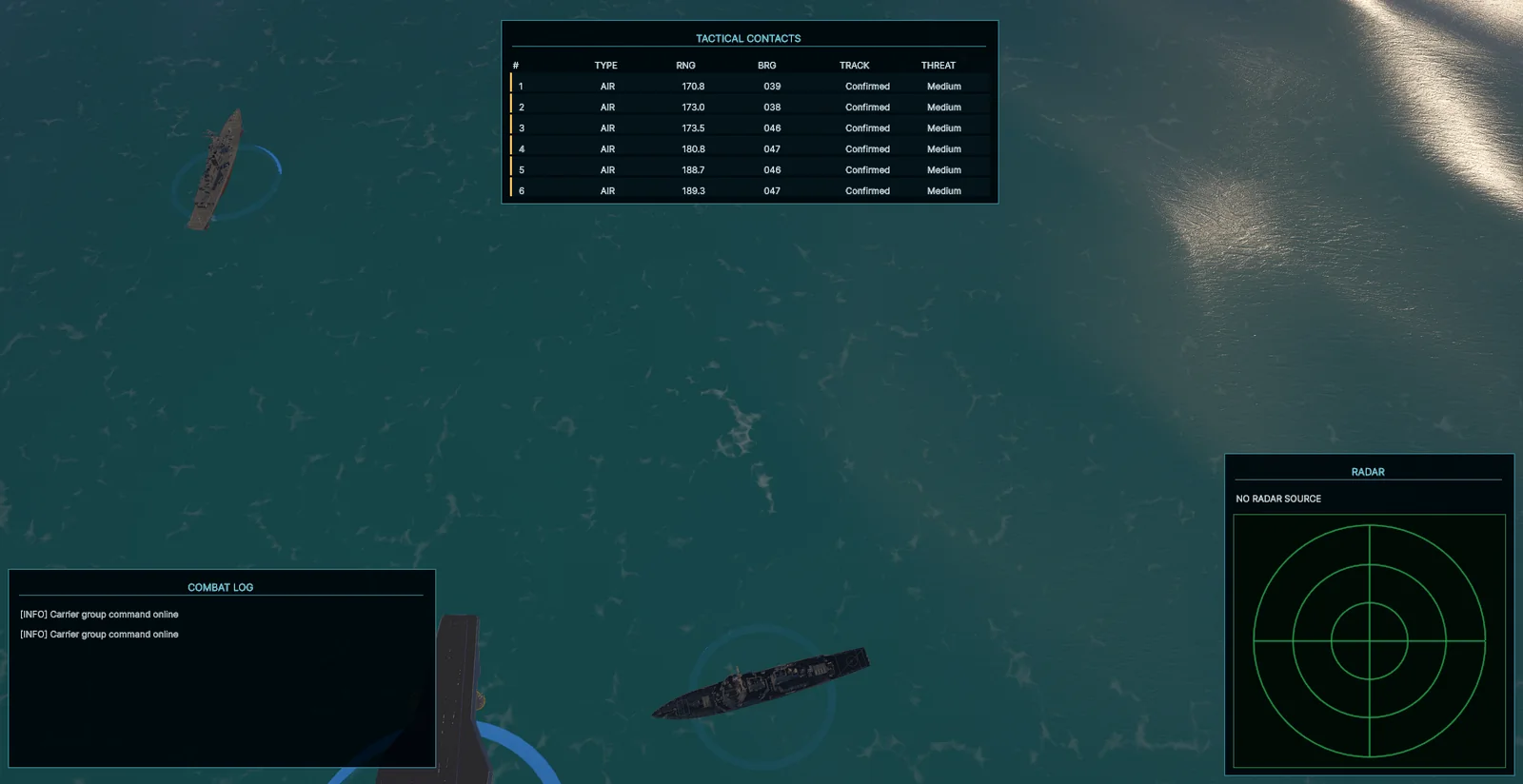 In-development carrier duel command view with air contacts and task force state.