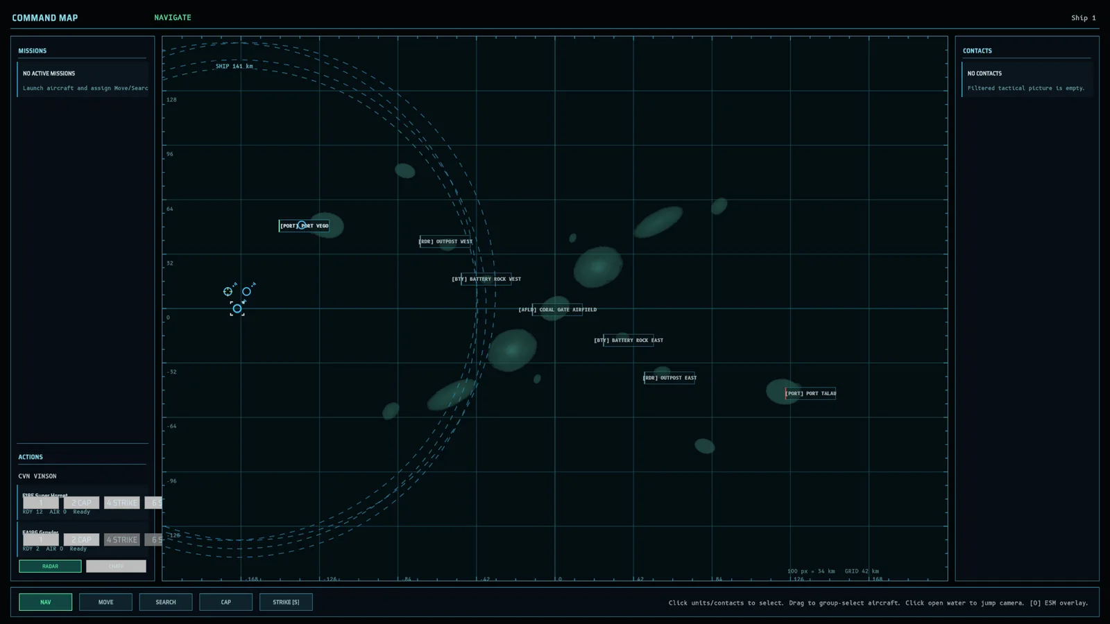 The command map: a dark plotting board of the Coral Reach archipelago with named ports, radar outposts, batteries and an airfield, fleet icons and radar range rings.