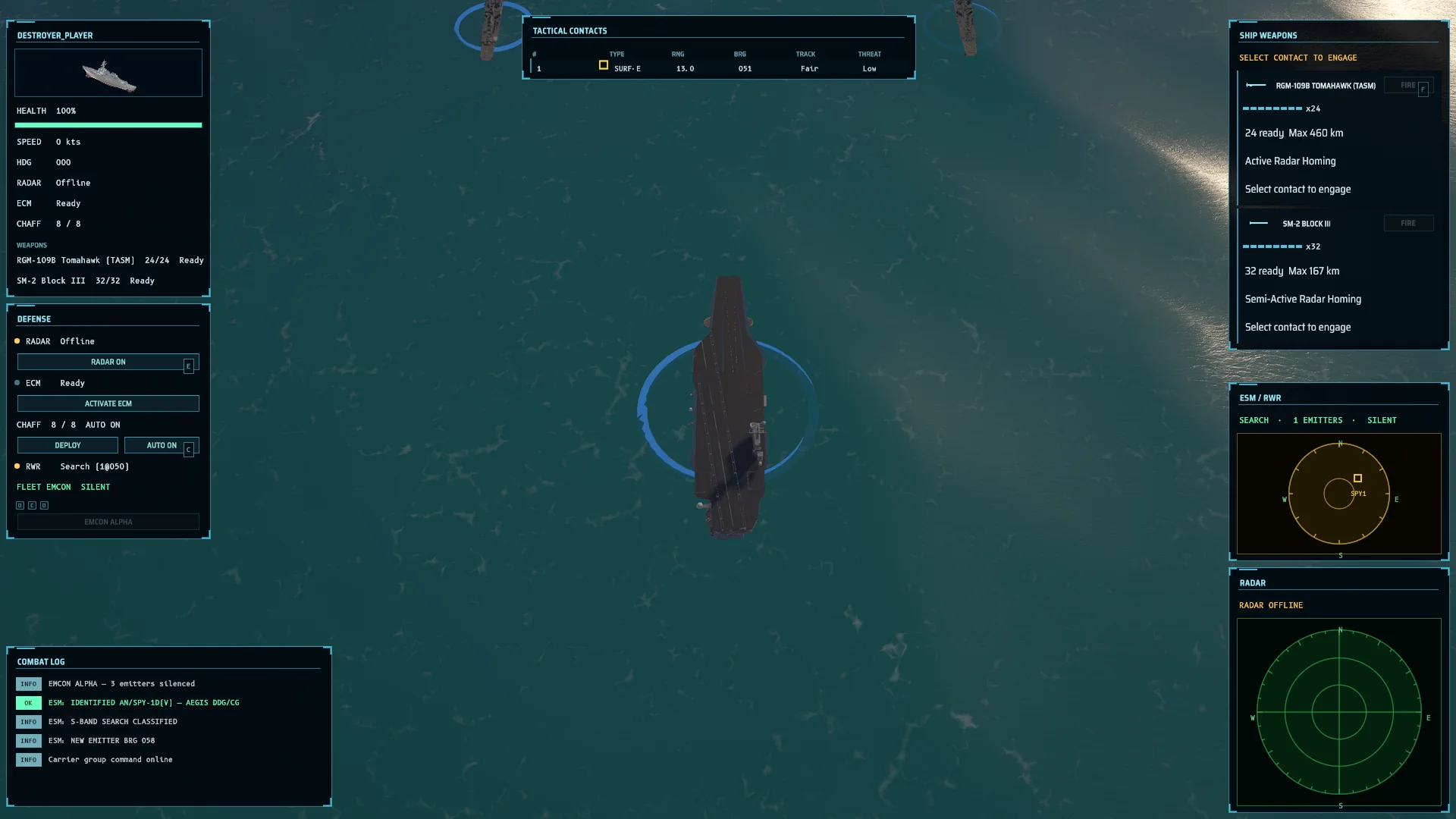 In-development command UI showing fleet state, contacts, radar, and ESM panels.