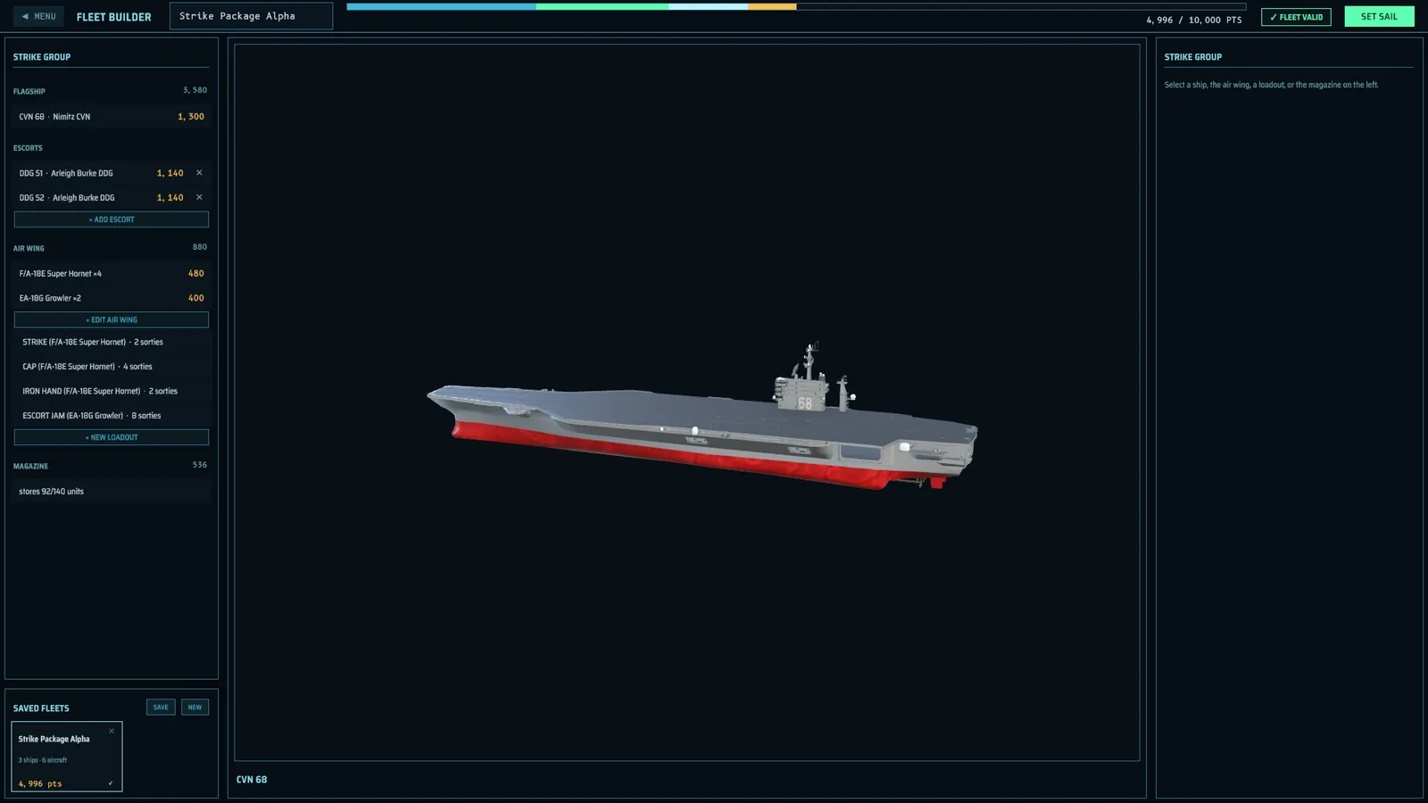 The fleet builder: a points budget, flagship and escort roster, air wing loadouts, and a rotating Nimitz-class carrier model.