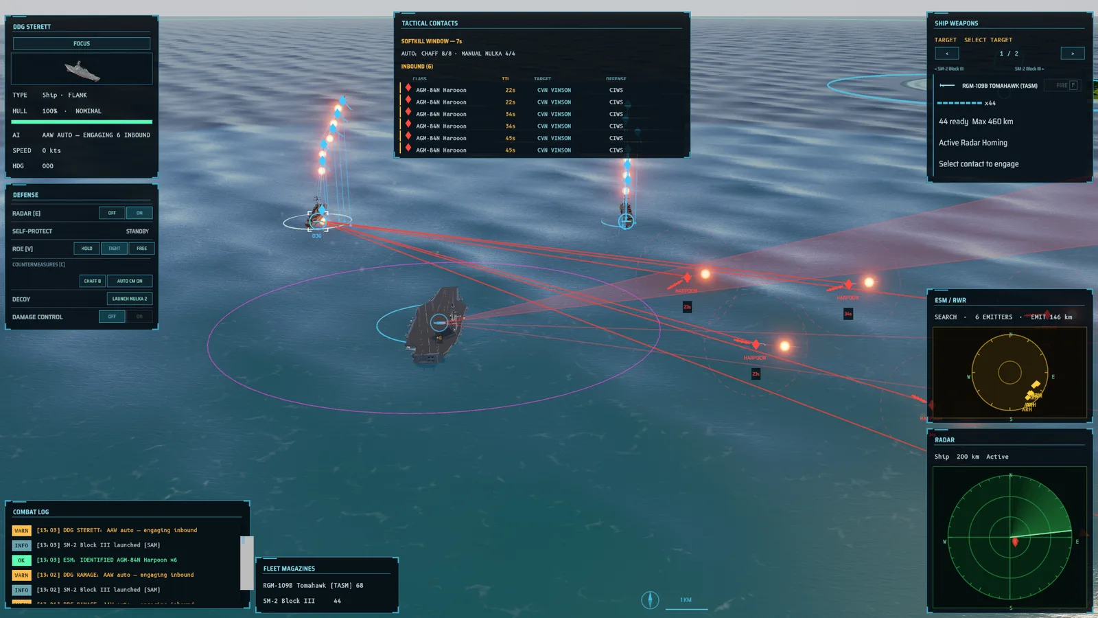 Command view during a live engagement: stylized track symbology and threat wedges over a realistic ocean.