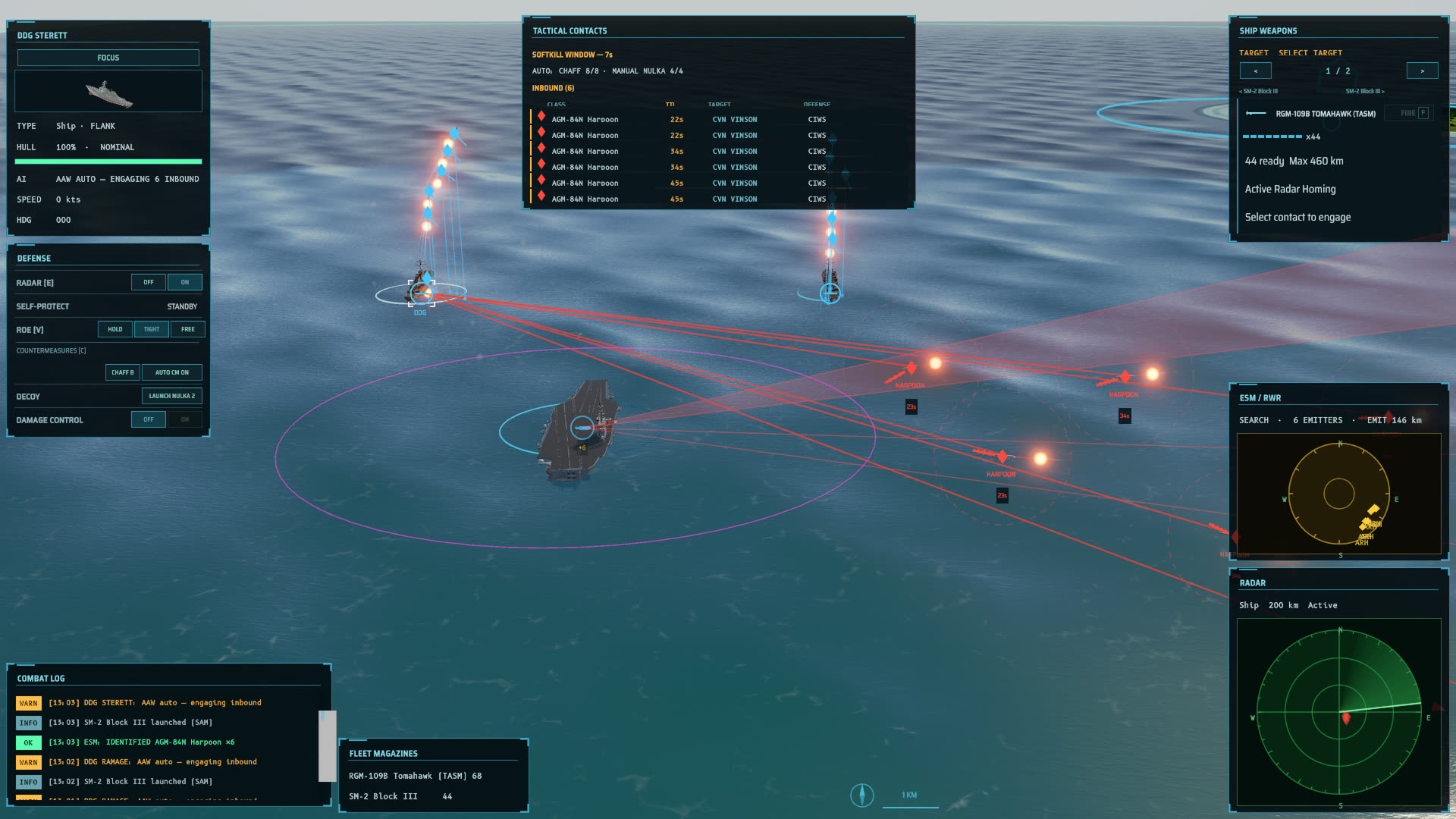 Carrier Strike Group command view: six inbound Harpoons on the tactical contacts board while two escorts fire SM-2s, with defense, weapons, ESM and radar panels around the plot.