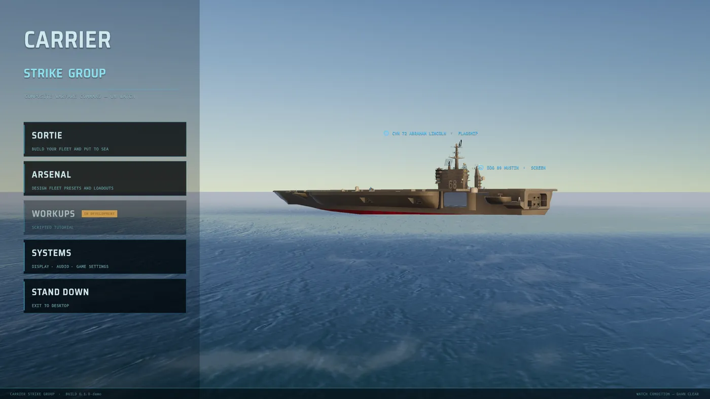 The On Watch main menu: sortie, arsenal, workups and systems entries over a dawn carrier backdrop.