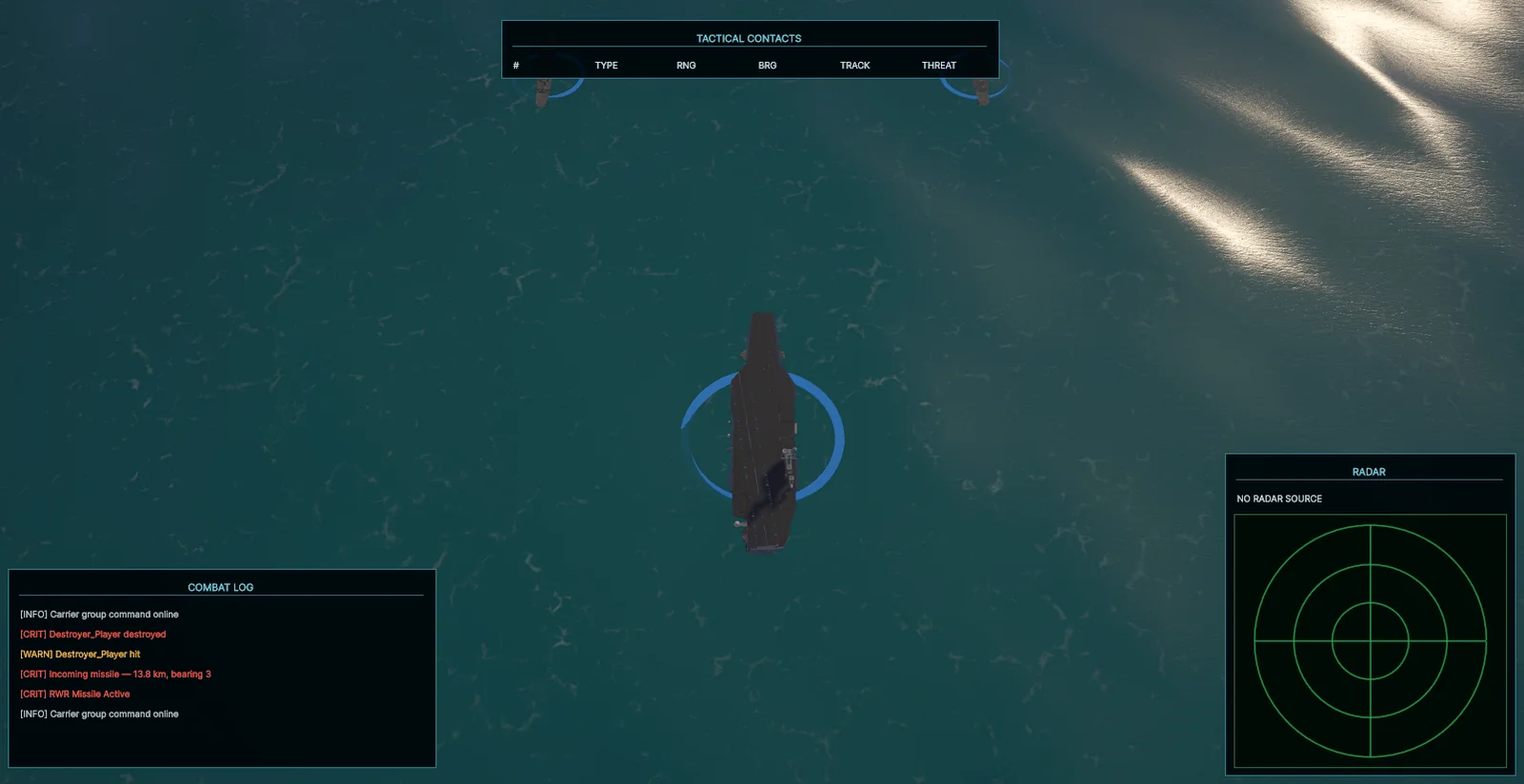 In-development missile warning command view with combat log alerts and radar panel.