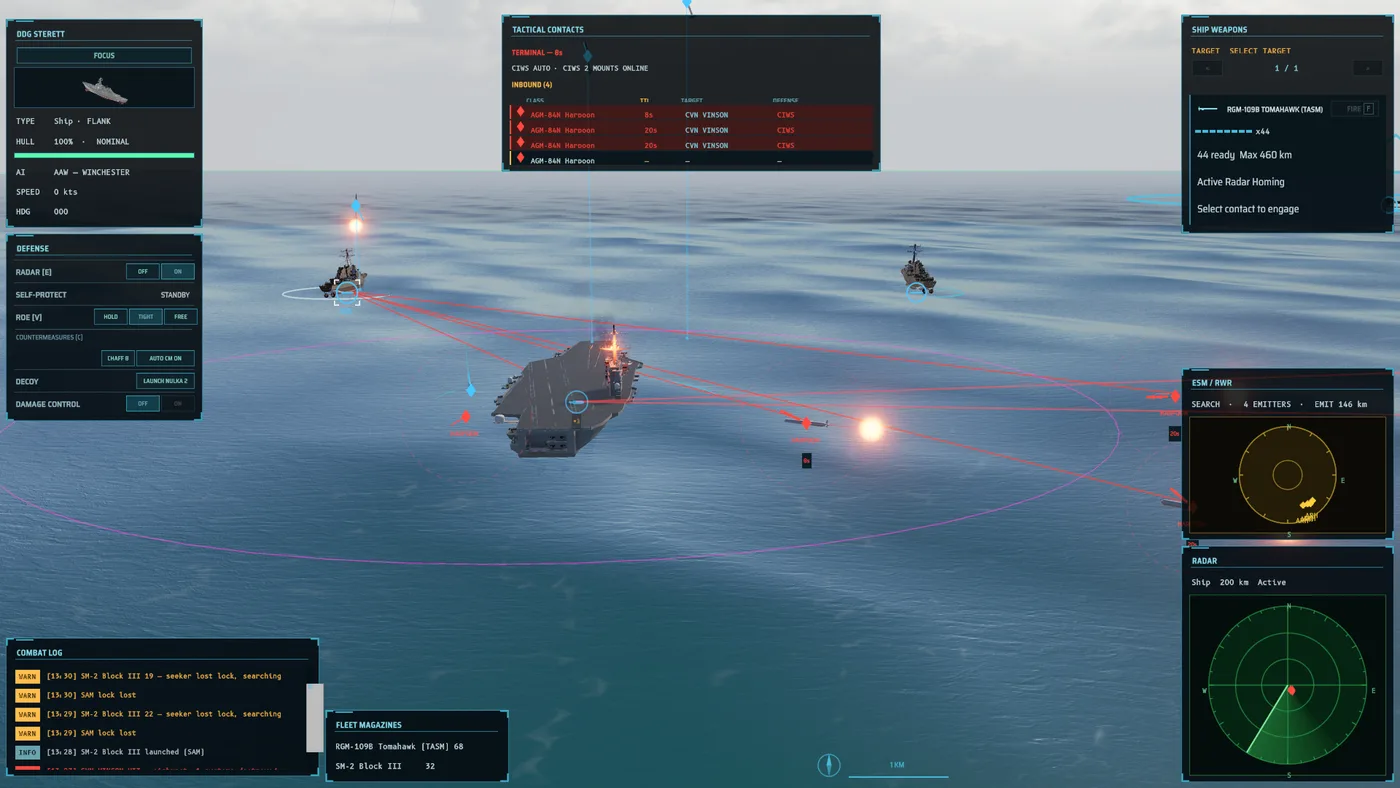 The escort's AI status reads AAW winchester: surface-to-air magazines empty while four missiles are still inbound.