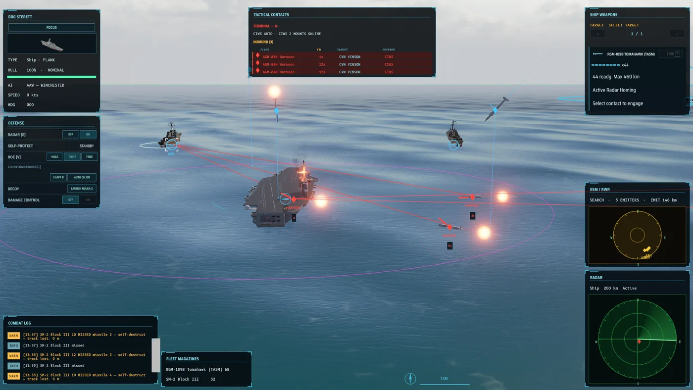 Sea-skimming missiles alongside the carrier with countermeasure flares in the air, one second from impact.