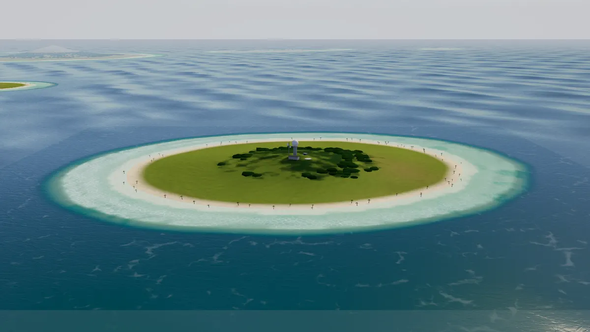 A small atoll with a radar station at its center, ringed by reef shallows in deep blue water.