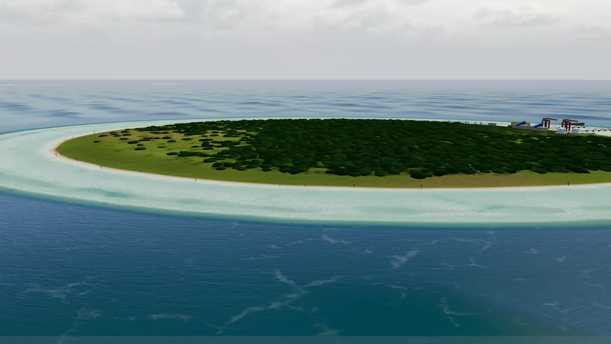 A low aerial view of a reef island with port facilities on its far shore.