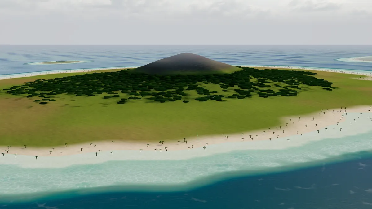 A volcanic island with palm-lined beaches and a second atoll on the horizon.